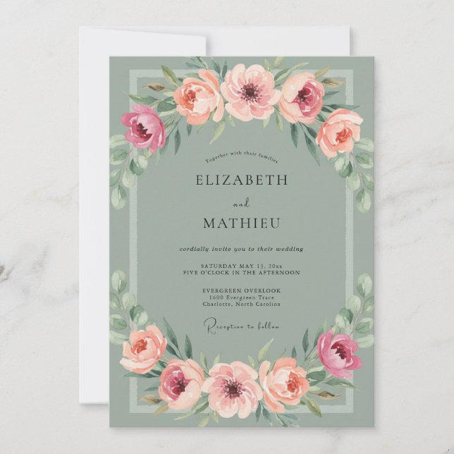 Coral Ranunculus Olive Dusty Eucalyptus Wedding Invitation (Front)