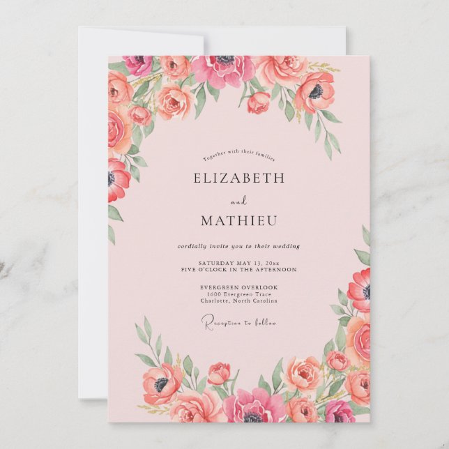 Coral Ranunculus Pink Eucalyptus Wedding Invitation (Front)