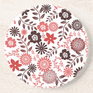 Coral red and brown pattern floral coaster