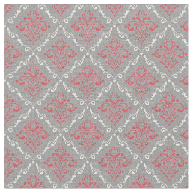 Coral Red and Cream Damask on Silver Grey Fabric (Close Up)