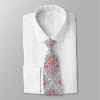 Coral Red and Cream Damask on Silver Grey Tie