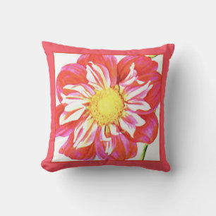 Coral red and white striped dahlia print cushion