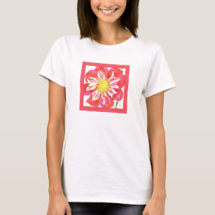 Coral red and white striped dahlia print T-Shirt