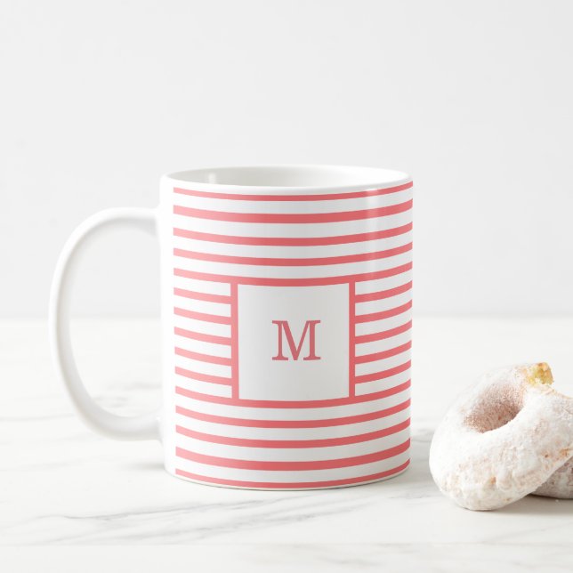 Coral Red and White Stripes Custom Monogram Coffee Mug (With Donut)