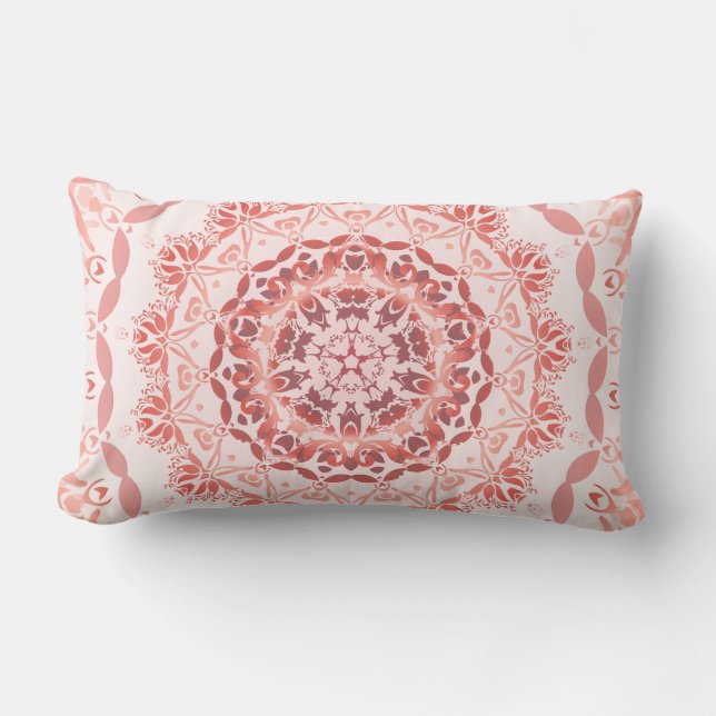 Coral Red Apricot Damask Mandala Lumbar Cushion (Front)