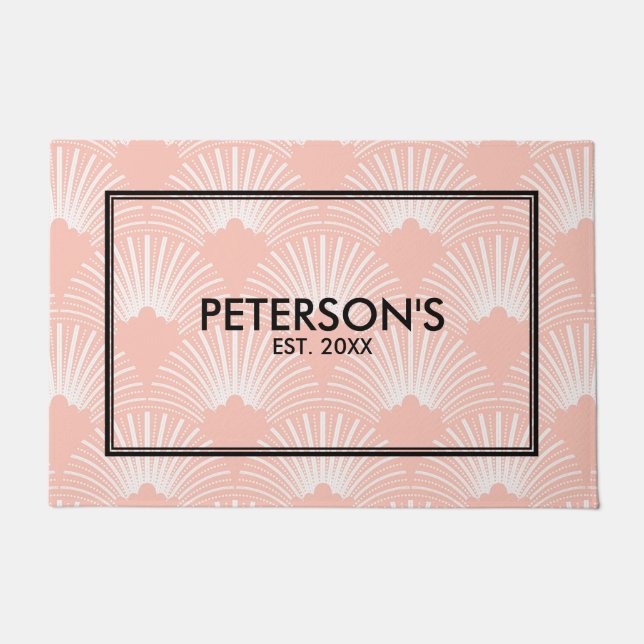 Coral-red art-deco geometric pattern doormat (Front)