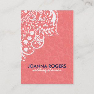 Coral-Red Background And White Floral Lace Business Card