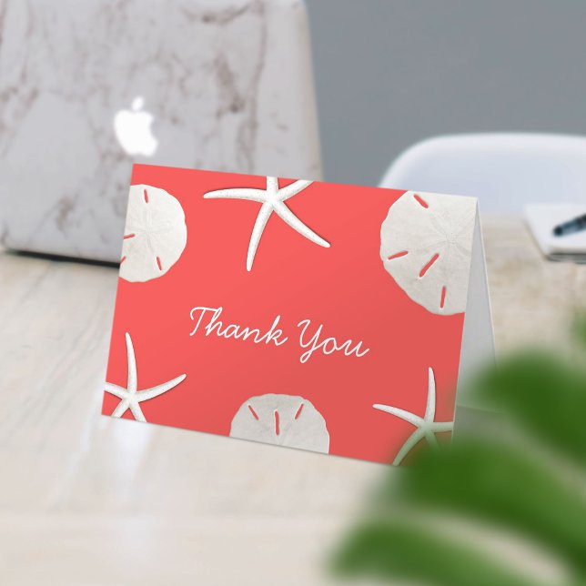 Coral Red Beach Theme Starfish & Seashells Thank You Card (Creator Uploaded)
