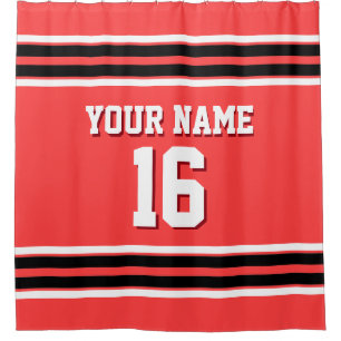 Coral Red Black White Stripes Sports Jersey Shower Curtain