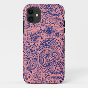 Coral-Red & Blue Vintage Floral Paisley Pattern iPhone 11 Case