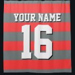 Coral Red Charcoal Sports Jersey Preppy Stripe Shower Curtain<br><div class="desc">Preppy Striped Team Jersey / Sports Jersey / Football Jersey / Rugby Jersey with Custom Name Customise this with your own name or team name and a number. You can change the size, colour and placement of the text if you need to make changes, change the colour of or remove...</div>