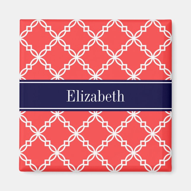 Coral Red Fancy Quatrefoil Navy Name Monogram Magnet (Front)