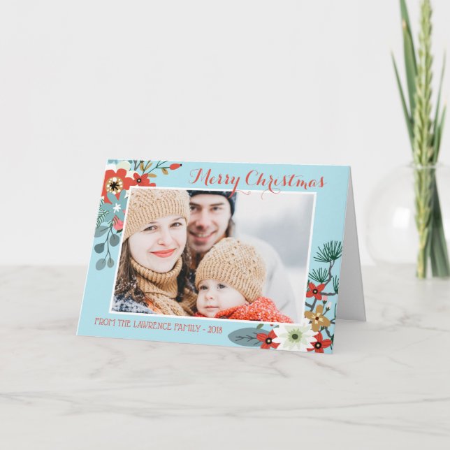 Coral Red Floral Blue Christmas Photo Holiday Card (Front)