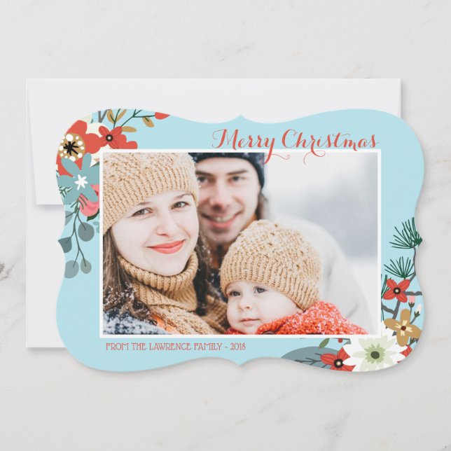 Coral Red Floral Blue Christmas Photo Holiday Card (Front)