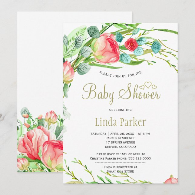 Coral red garden roses wreath elegant baby shower invitation (Front/Back)