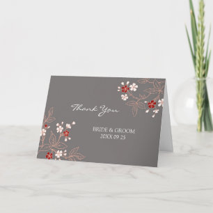 Coral Red Grey Damask Wedding Thank You Card