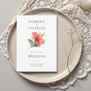 Coral Red Hibiscus Floral Tropical Wedding Invitation