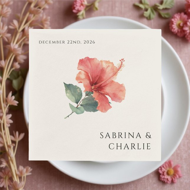 Coral Red Hibiscus Tropical Beach Wedding Napkin (Creator Uploaded)