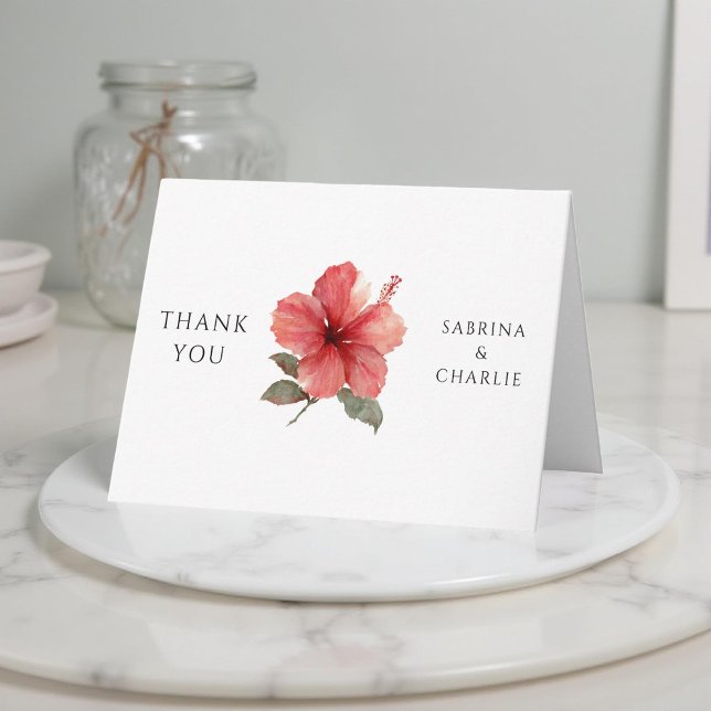 Coral Red Hibiscus Tropical Modern Watercolor  Thank You Card (Creator Uploaded)