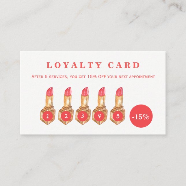 Coral red lipsticks makeup beauty salon loyalty card (Front)