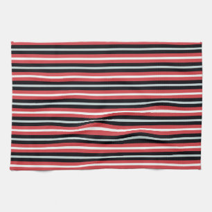 Coral Red Navy Blue White Stripes Tea Towel