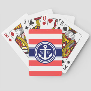 Coral Red Navy Preppy Stripe Anchor Monogram Playing Cards