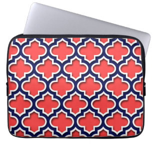 Coral Red, Navy White Moroccan Quatrefoil #5DS Laptop Sleeve