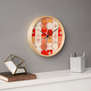 Coral Red Orange Blush Pink Retro Art Pattern Clock