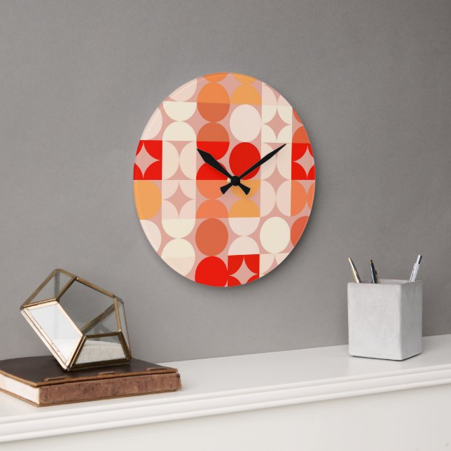 Coral Red Orange Blush Pink Retro Art Pattern Large Clock (Office)