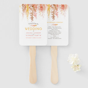 Coral red orange brown autumn fall wedding program hand fan