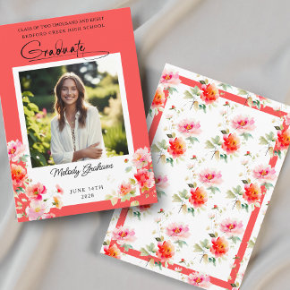 Coral Red Orange Floral Graduation Announcement