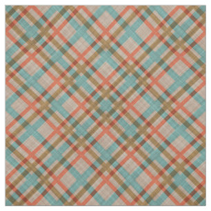 Coral Red Orange Turquoise Blue Plaid Pattern Fabric