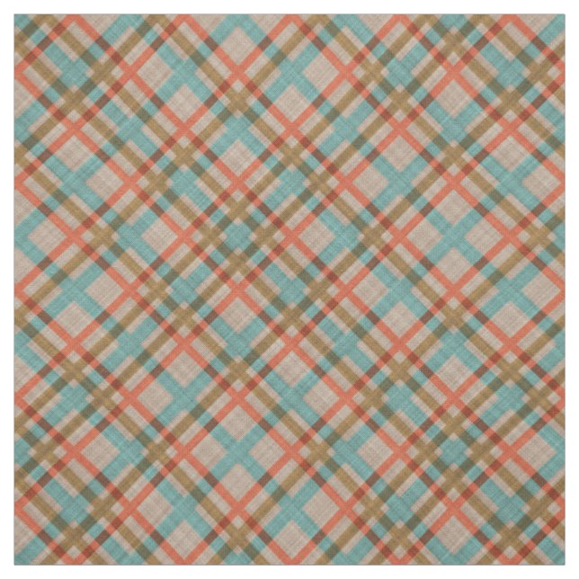 Coral Red Orange Turquoise Blue Plaid Pattern Fabric (Swatch)