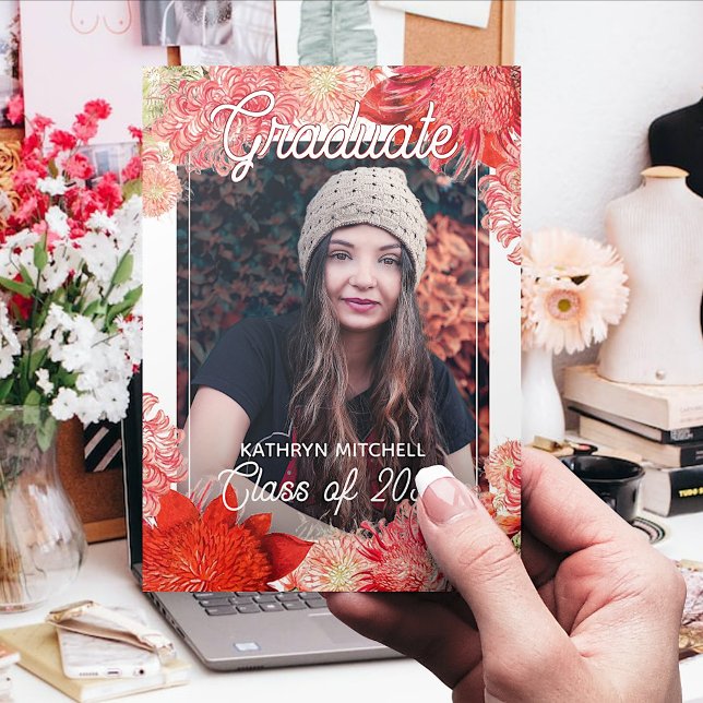 Coral Red Pink Botanical Boho Floral Graduation Postcard (Creator Uploaded)