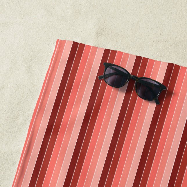 Coral Red Pink Stripes Beach Towel (In Situ)