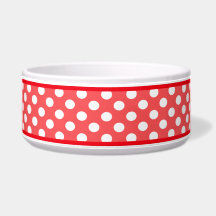 Coral Red Polka Dot Pattern Ceramic Dog Bowl