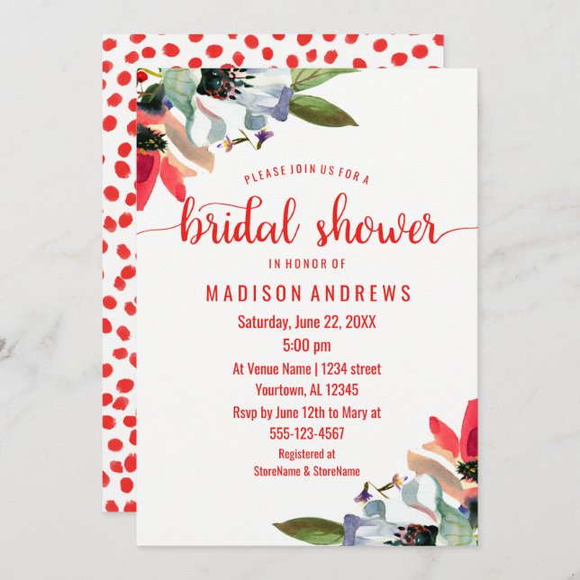 Coral Red Poppy Floral Bridal Shower Invitation (Front/Back)