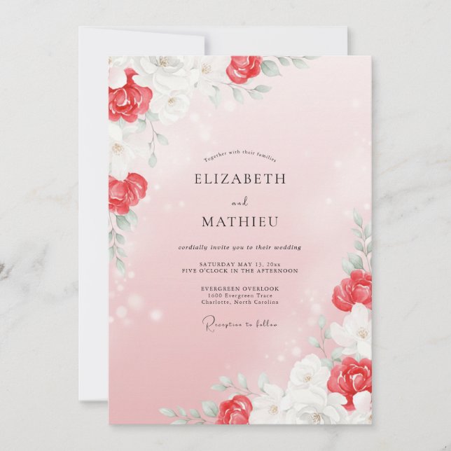 Coral Red Ranunculus Eucalyptus Wedding Invitation (Front)