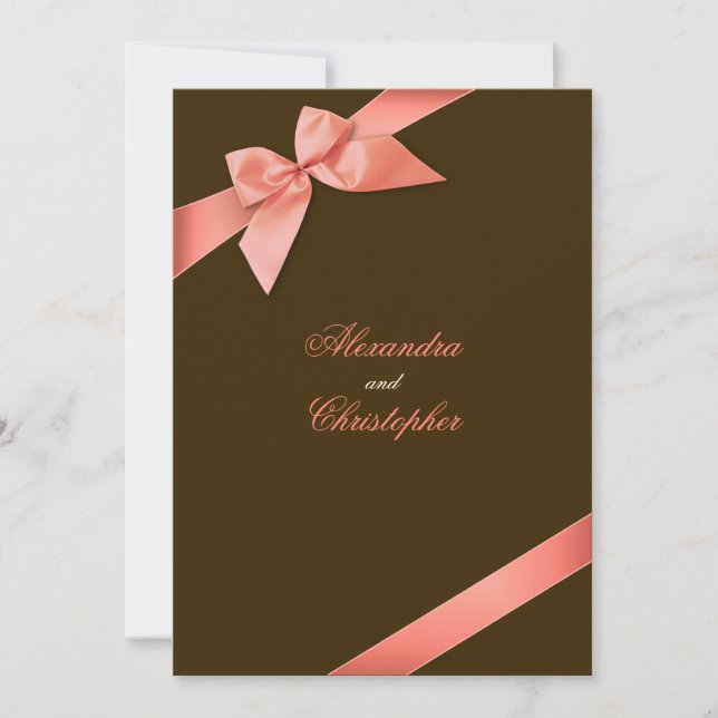 Coral Red Ribbon Wedding Announcement (Front)