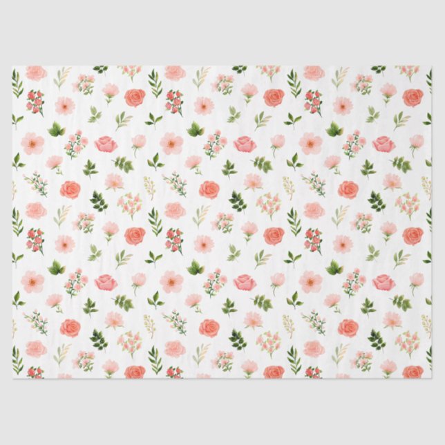 Coral Red Roses and Foliage Pattern Tissue Paper (Front)