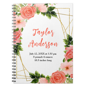 Coral Red Roses Floral Baby Birth Stats Notebook