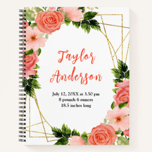Coral Red Roses Floral Baby Birth Stats Notebook
