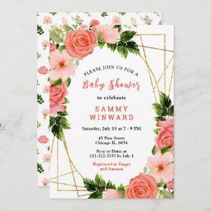 Coral Red Roses with Foliage Baby Shower Invitation