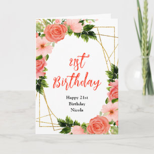 Coral Red Roses with Foliage Birthday Card