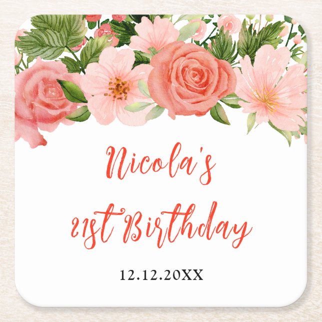 Coral Red Roses with Foliage Birthday Square Paper Coaster (Front)