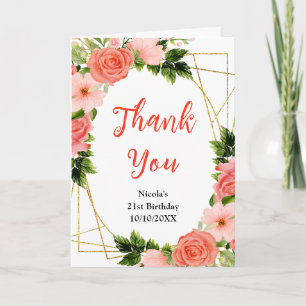 Coral Red Roses with Foliage Birthday Thank You Card