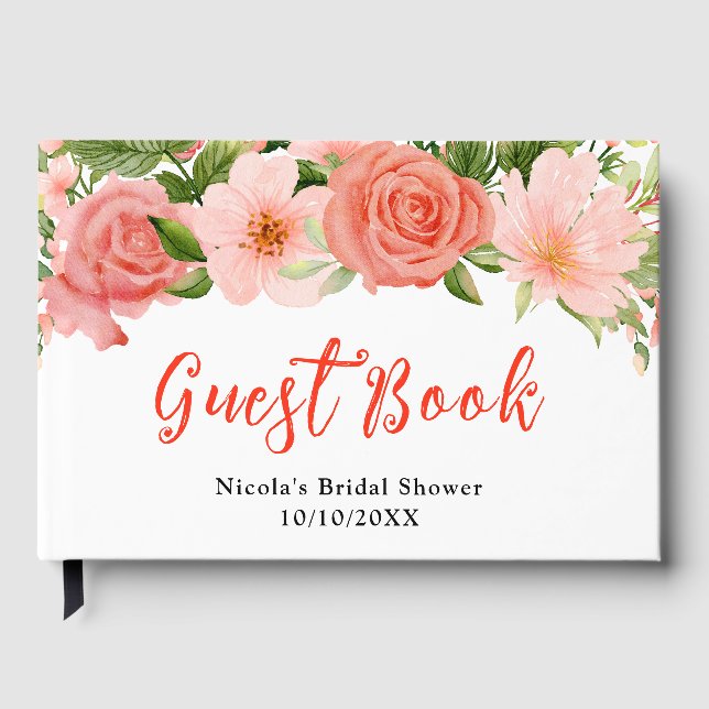 Coral Red Roses with Foliage Bridal Shower Guest Book (Front)