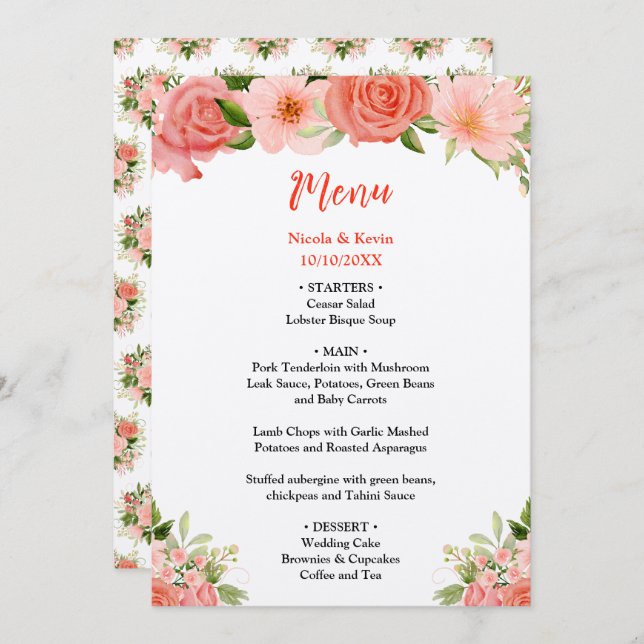 Coral Red Roses with Foliage Menu (Front/Back)