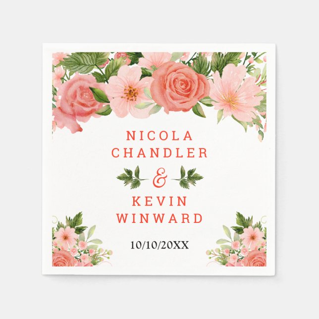 Coral Red Roses with Foliage Napkin (Front)