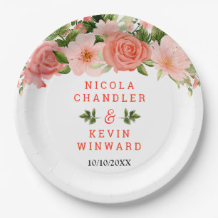 Coral Red Roses with Foliage Paper Plate